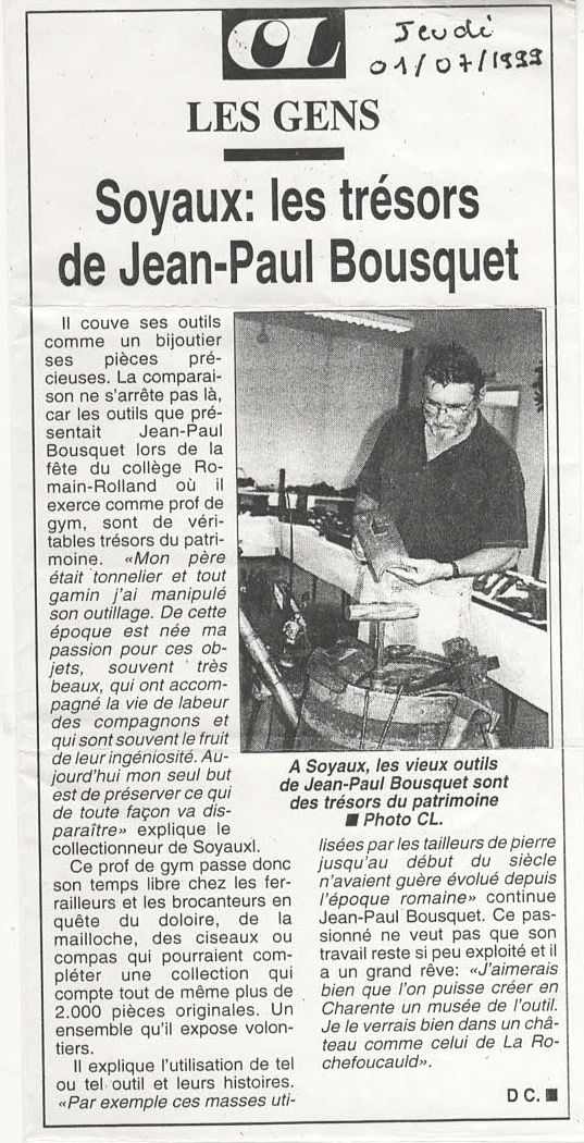 Jean-Paul Bousquet collectionneur d'outils La Charente Libre 1999