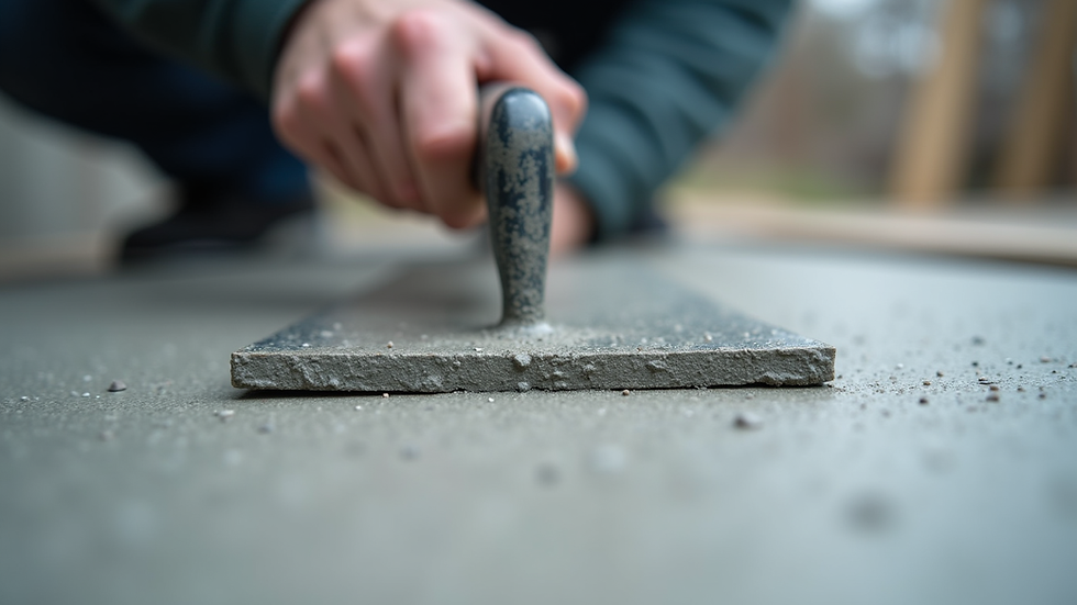 Close-up view of a steel trowel smoothing a concrete surface