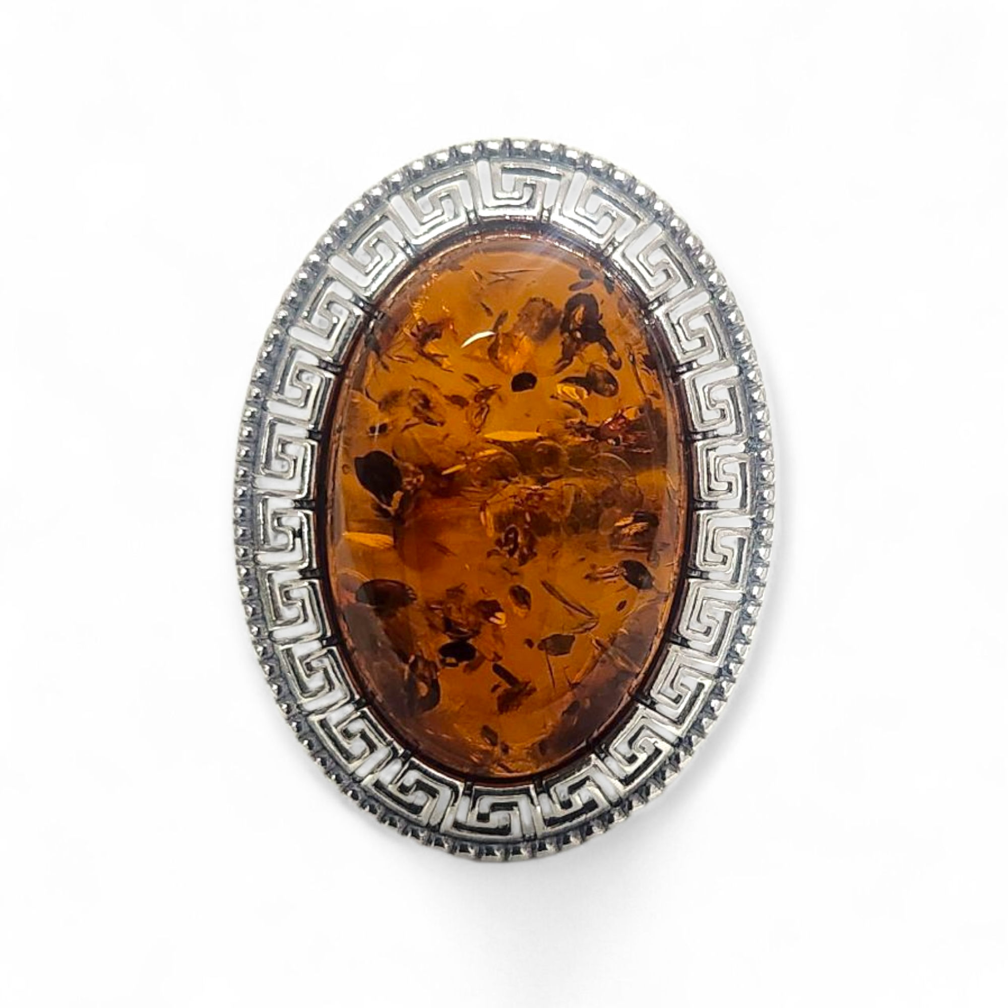 טבעת כסף 925 גדולה משובצת אבן ענבר בלטי דגם מאורי