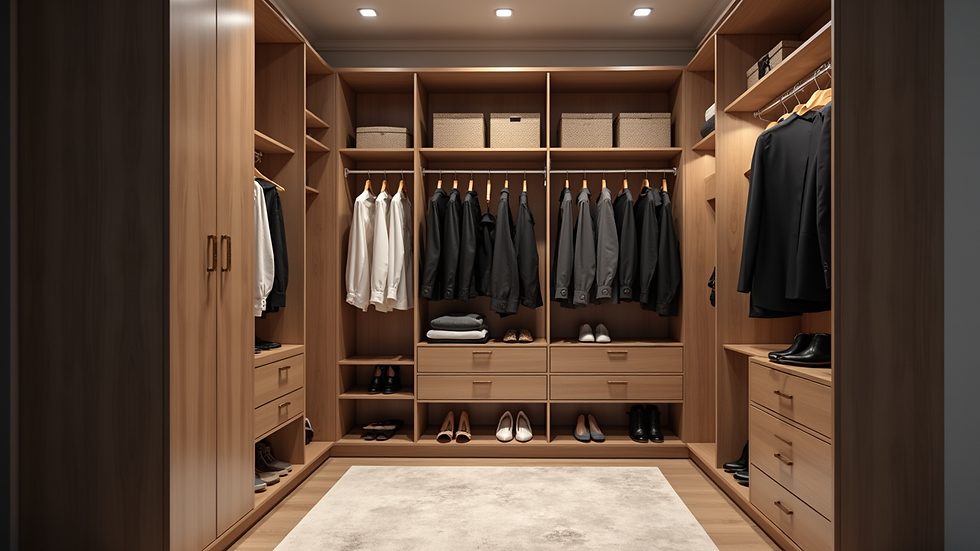 Eye-level view of a beautifully organized custom closet with neatly arranged clothes and accessories