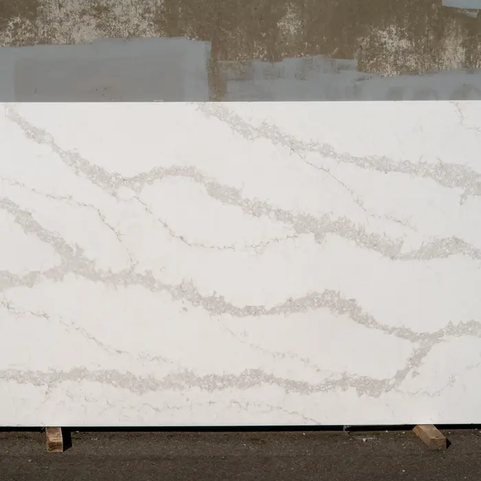 Large white countertop with grey veining displayed against a neutral background.
