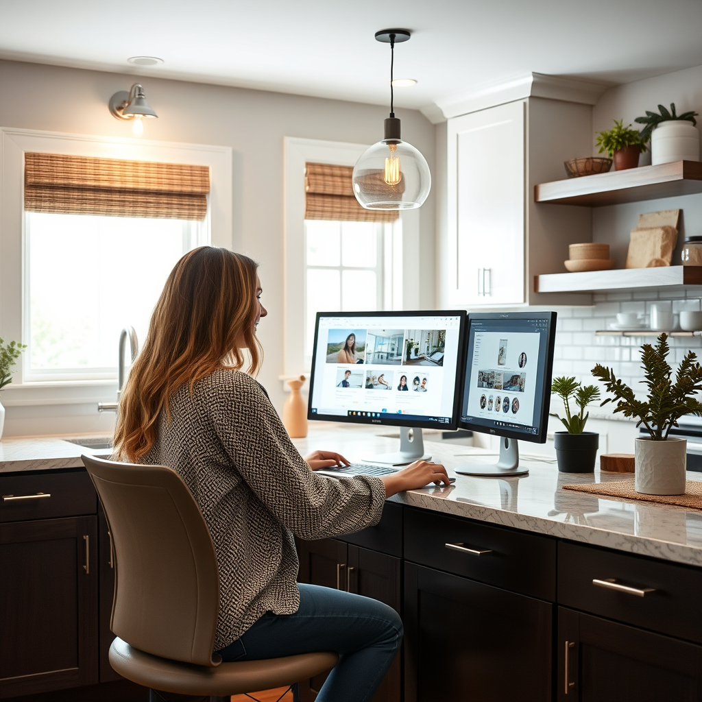 a lady behind a computer in a kitchen de