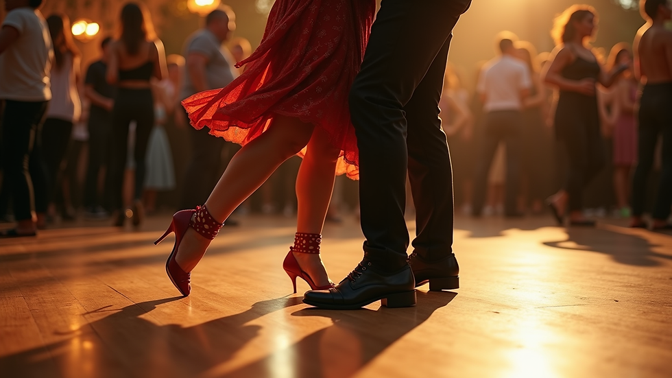 Close-up view of a dance instructor demonstrating salsa steps on the wooden floor