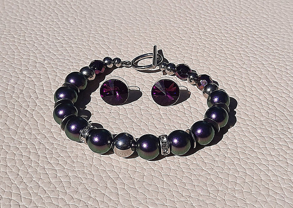 Thumbnail: Bracelet with iridescent purple/green Swarovski Pearls, fire polished purple Iris & stainless steel; Amethyst crystal earring