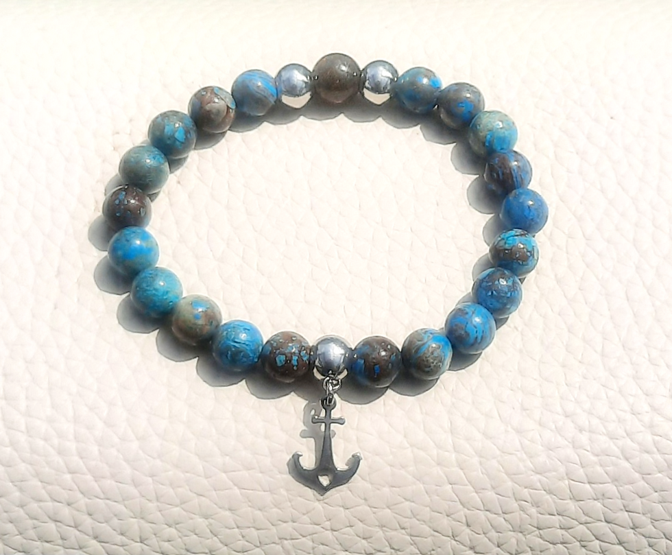 Blue Crazy Lace Agate, Bronzite, and stainless steel beaded stretch bracelet - stainless steel anchor charm