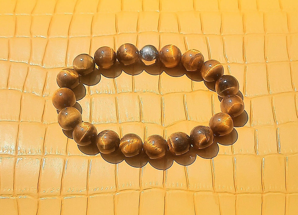 Thumbnail: 10mm Yellow Tiger Eye gemstone and stainless steel beaded stretch bracelet.