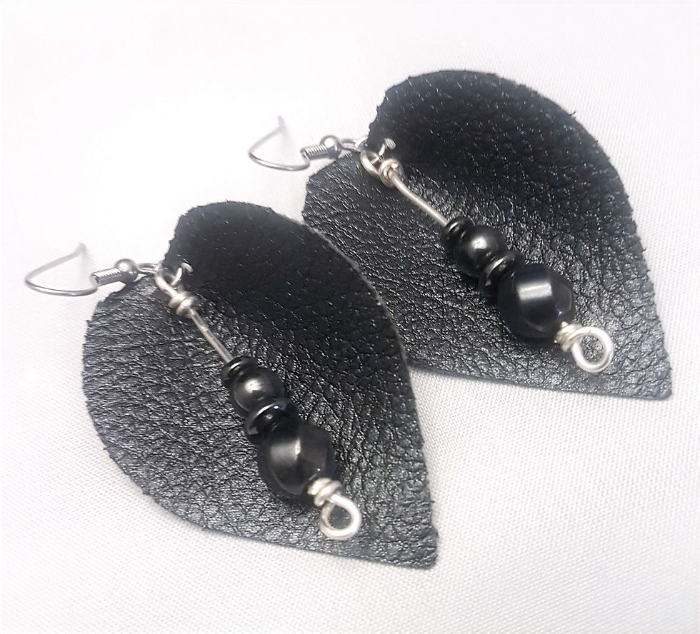 3" black faux leather leaf earrings - hematite beaded dangle - stainless steel earring hooks.