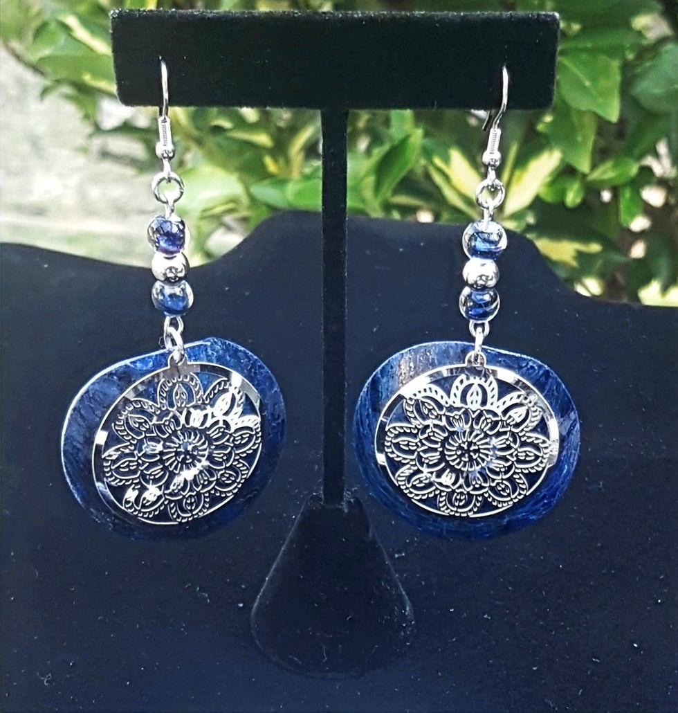Thumbnail: Blue Tiger Eye gemstone & stainless steel beaded stretch bracelet; "happy" engraved puffed heart charm; blue mussel earrings.