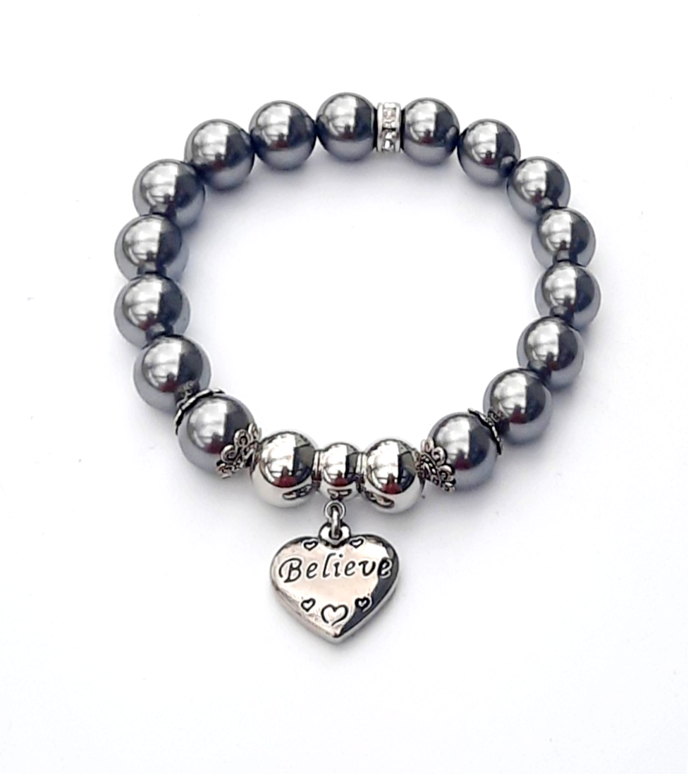 Thumbnail: Gray Swarovski Pearls and stainless steel beaded stretch bracelet w/ engraved 'Believe' charm.