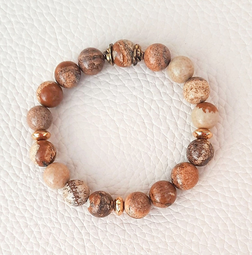 Thumbnail: 7.5" stretch bracelet with 10mm Picture Jasper gemstones and gold plated beads.