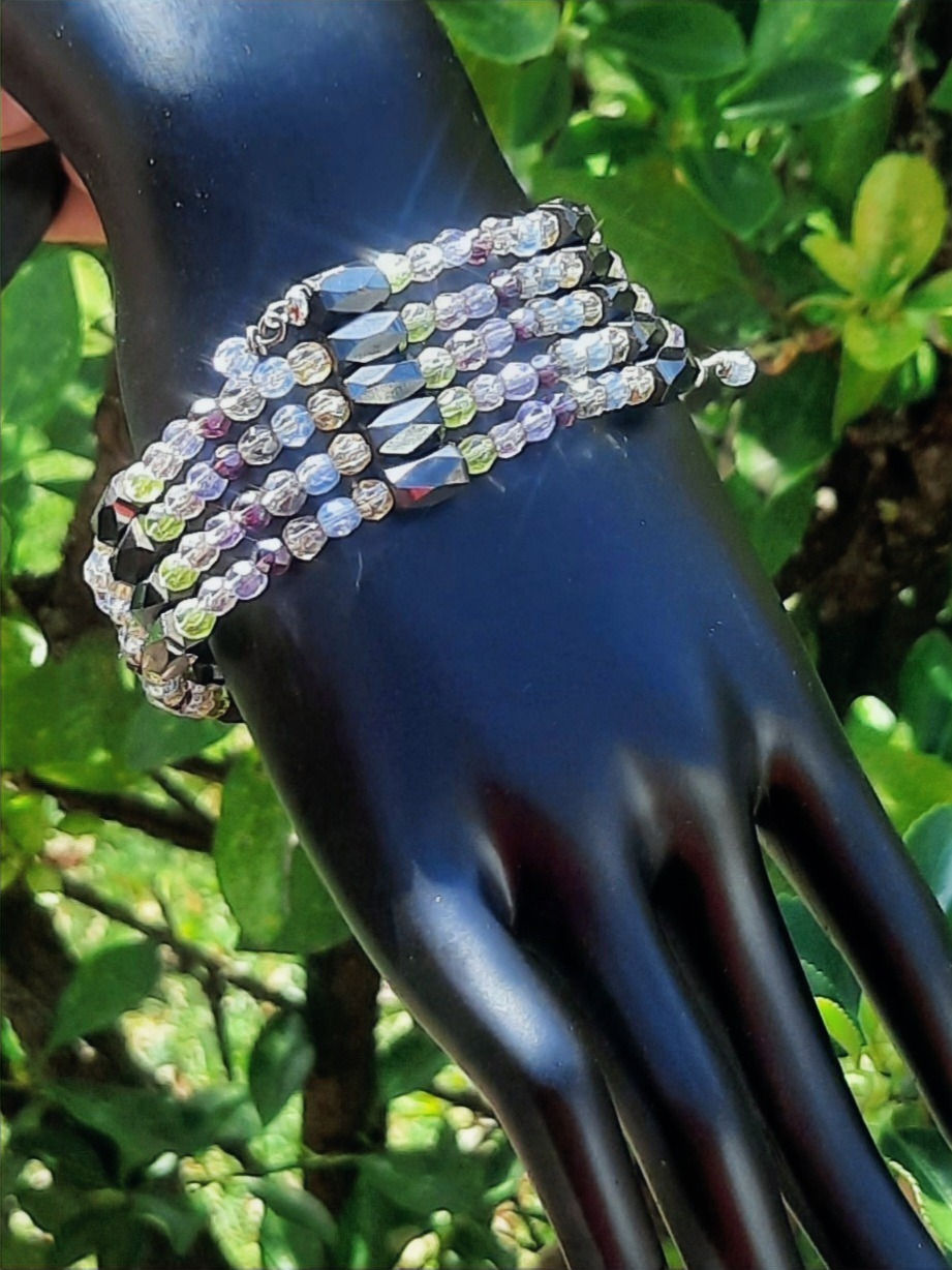 35" crystal (purple, green, yellow, blue) and magnetic hematite beaded wrap  - can be worn as a necklace or a bracelet