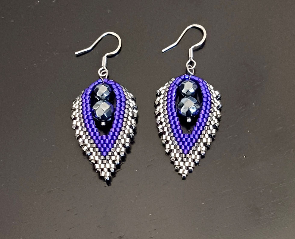 Thumbnail: Leaf shaped earrings with violet, gray and gunmetal seed beads; stainless steel ear hooks