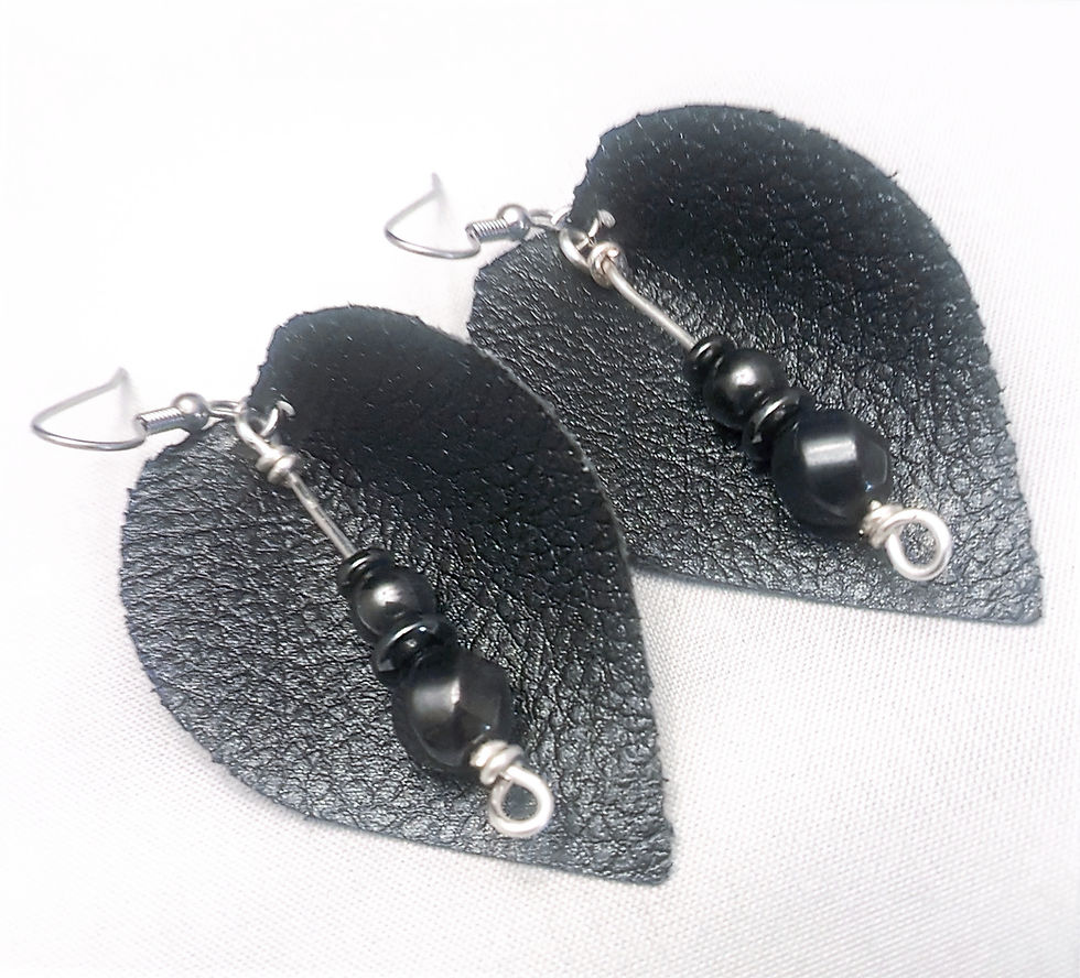 Thumbnail: 3" black faux leather leaf earrings - hematite beaded dangle - stainless steel earring hooks.