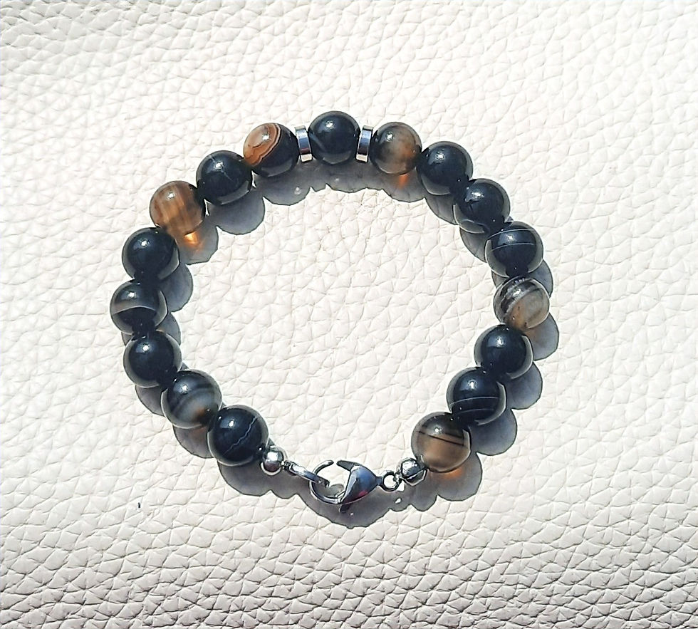 7.5" Black Striped Agate gemstone bracelet with a stainless steel lobster clasp