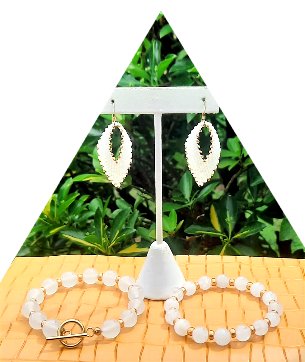 Thumbnail: Gold and white leaf shaped earrings and 2 white/gold bracelets.