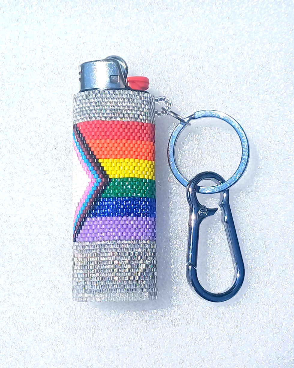 Thumbnail: Beaded 'Pride Flag' lighter cover with attached silver hook and keychain