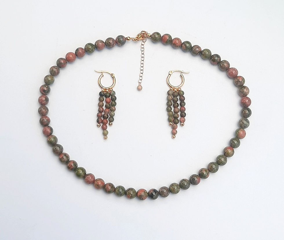 Thumbnail: Unakite (pink and green) beaded necklace and earrings with gold stainless steel.
