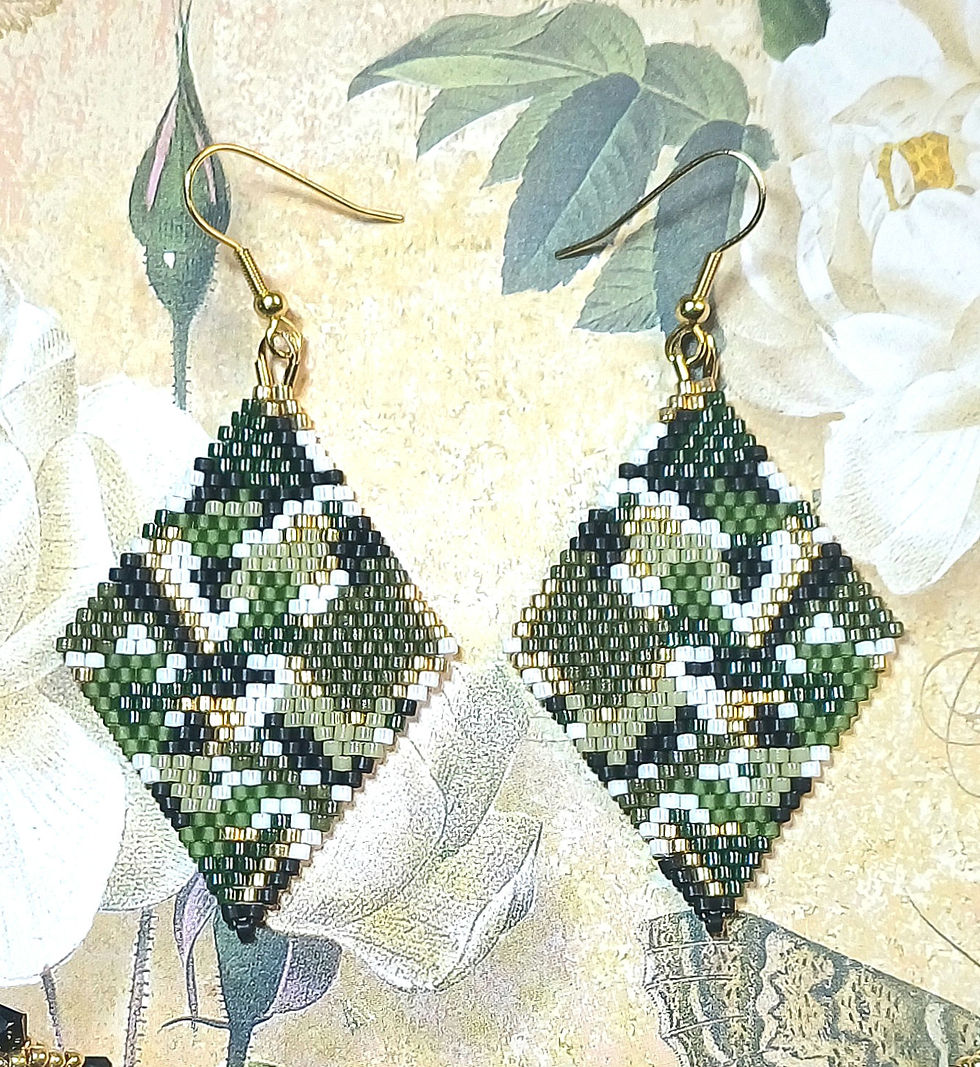 diamond shaped camouflage colored seed bead earrings with gold ear hooks