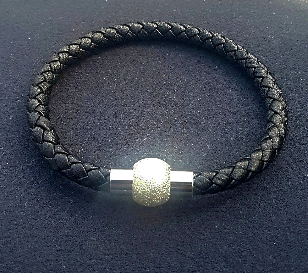 7.5" Black braided genuine leather (round bolo) bracelet with a stainless steel magnetic clasp.