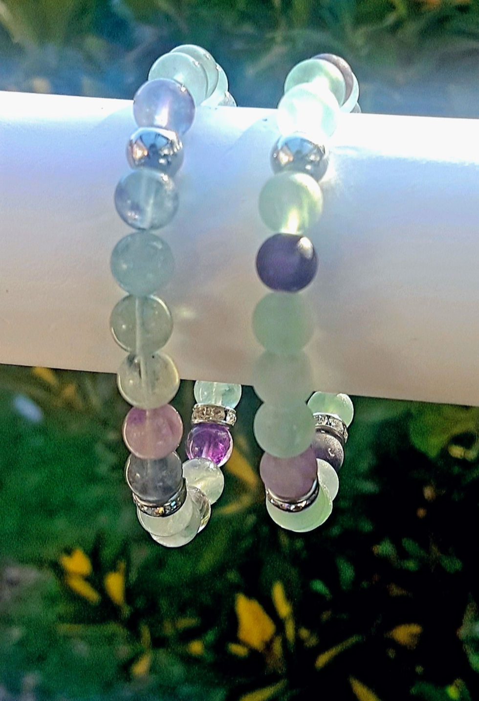 Thumbnail: 8" Fluorite and stainless steel stretch bracelet; 8" Matte Fluorite and stainless steel stretch bracelet.