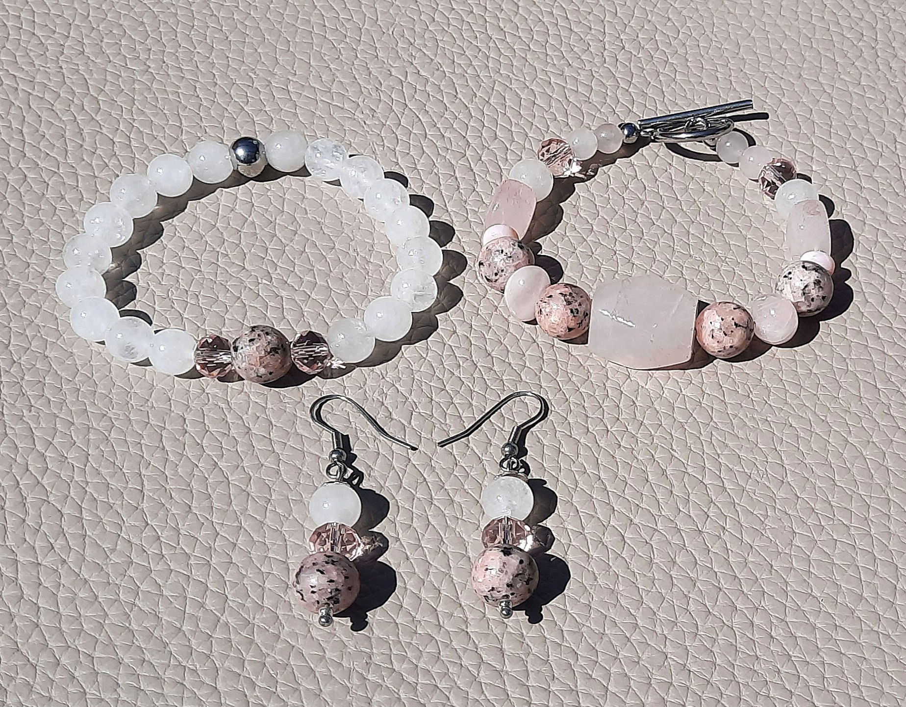 3pc set (earrings/2 bracelets) with Rose Quartz, Dalmation Jasper, White Jade, pink glass beads and stainless steel.