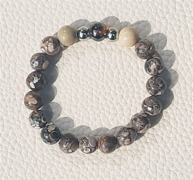 Thumbnail: 7.5" stretch bracelet with 10mm Turntella, Jasper and stainless steel beads.