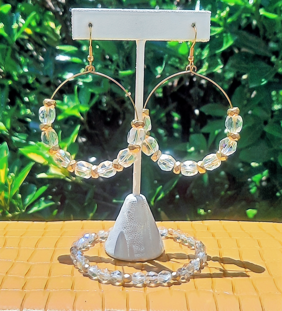 Crystal and gold beaded stretch bracelet & hoop earrings with gold stainless steel ear hooks