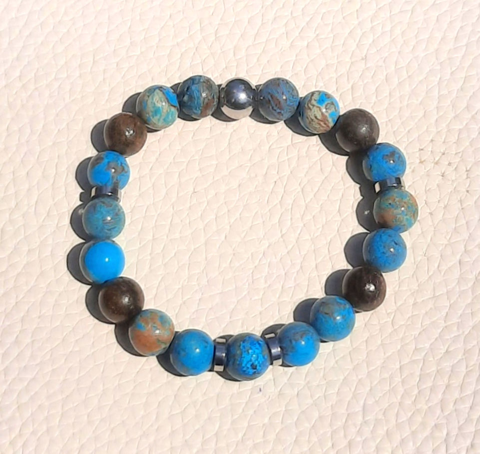 Thumbnail: Blue Crazy Lace, Bronzite, and stainless steel beaded stretch bracelet