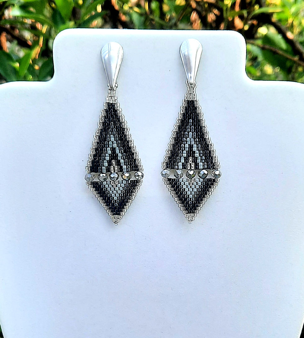 Thumbnail: Triangular silver, gray and black beaded earrings on a white display stand