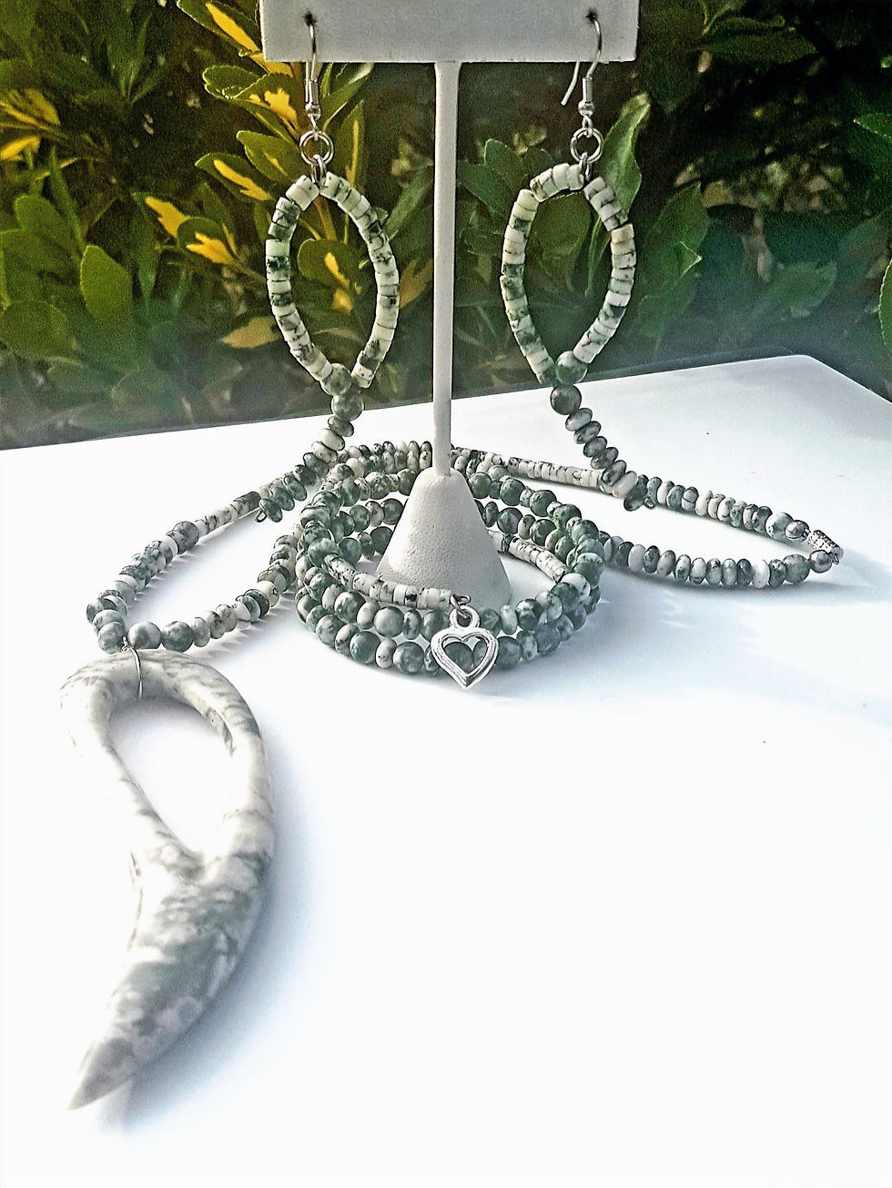 Thumbnail: 19" Tree Agate beaded necklace w/ a 4" Tree Agate stone pendant. Hand wrapped tree agate earrings.