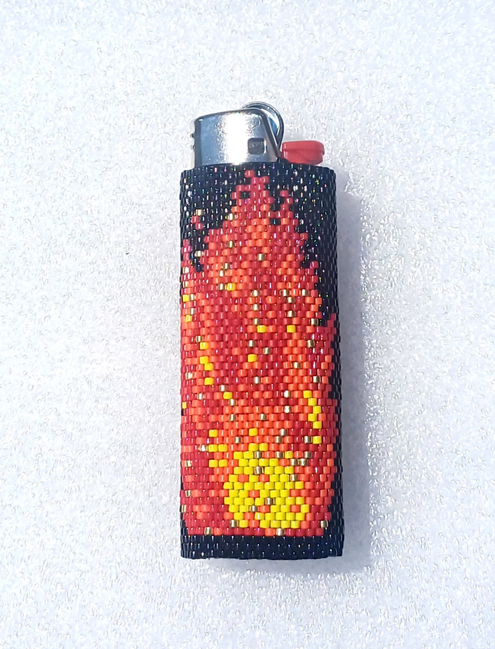 Thumbnail: black, red, orange, yellow & gold beaded flame lighter cover