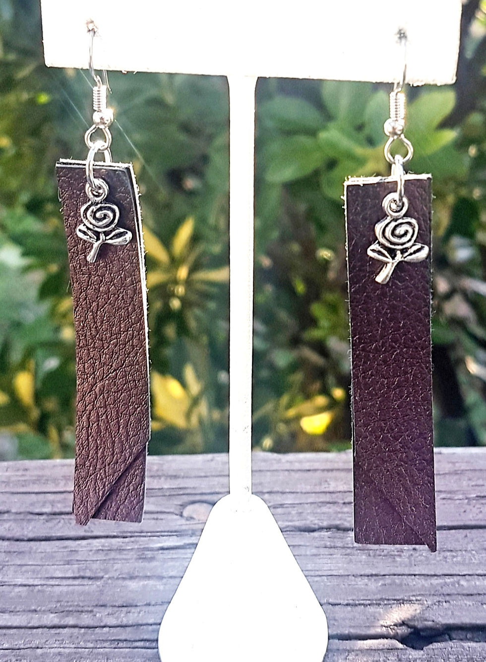 3.5" brown rectangle faux leather earrings with silver flower charm - stainless steel earring hooks