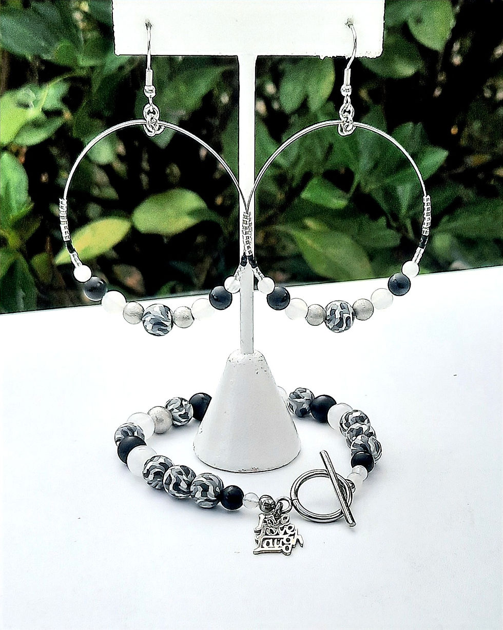 Thumbnail: Bracelet & earrings with 'camouflage' polymer clay beads; stainless steel stardust beads; White Jade and black matte Onyx.