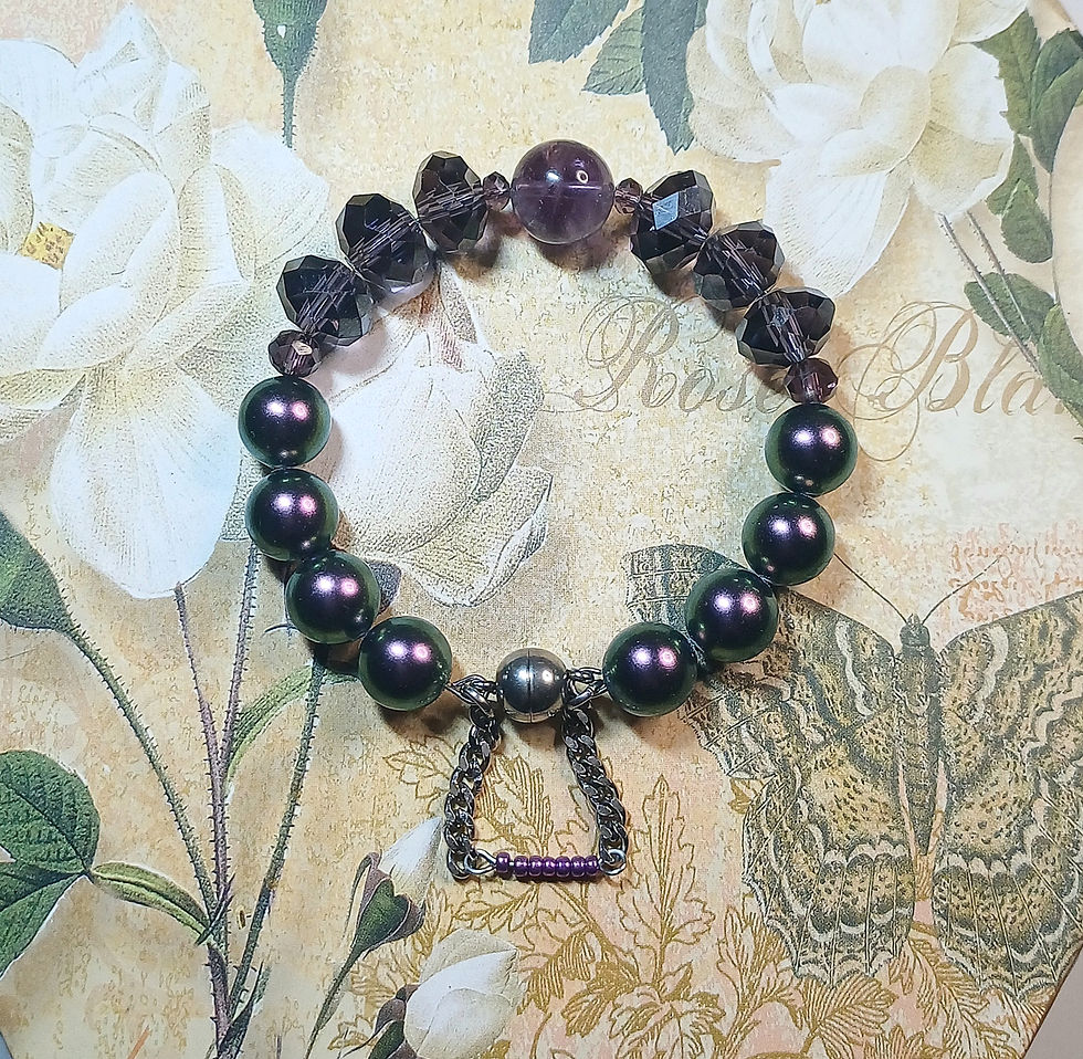 Thumbnail: iridescent purple and green pearls & purple glass crystal bangle bracelet