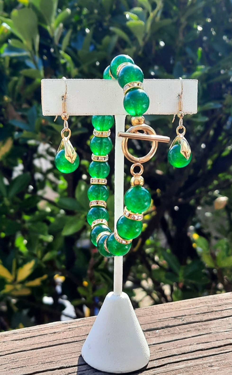Thumbnail: 8" Green Jade bracelet with gold stainless steel toggle clasp; 1.25" Green Jade earrings with gold-filled ear hooks.