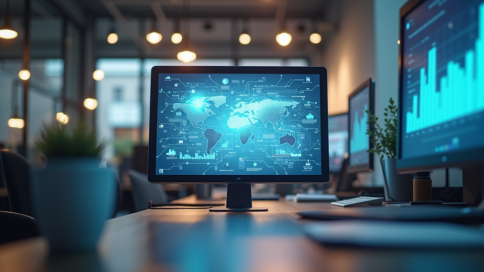 Eye-level view of a modern office workspace with digital marketing strategy on screen