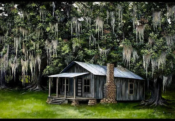 Southern cabin, spanish moss, oak trees, live oak trees, cracker house, florida cabin, rock chemeny