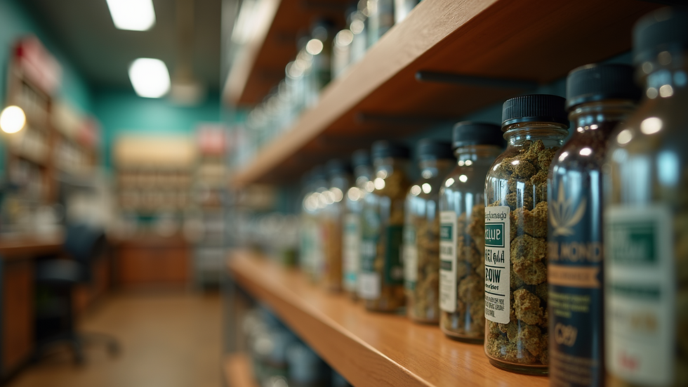 Eye-level view of a cannabis dispensary showcasing various products