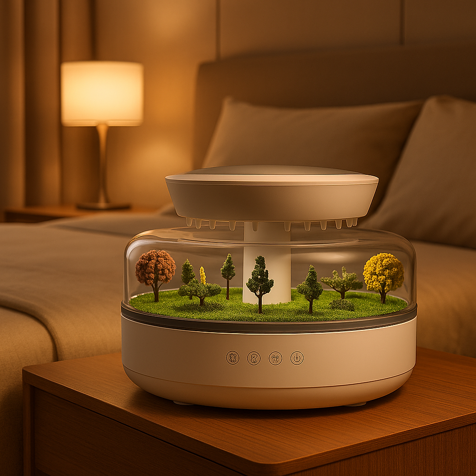 Humidificateur d’air décoratif Zen Breeze sur table de chevet dans une chambre zen