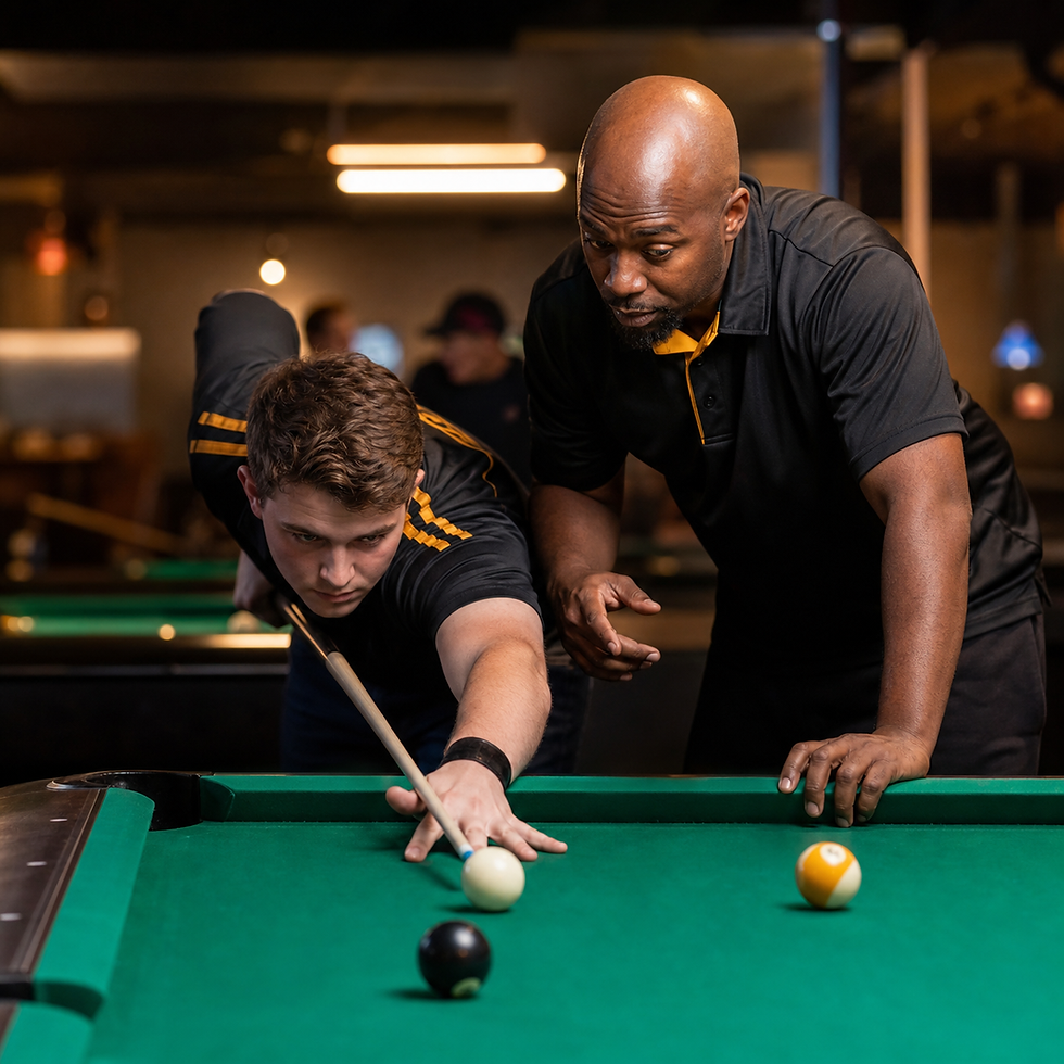 Pool instructor teaching proper stance, bridge, and cue alignment