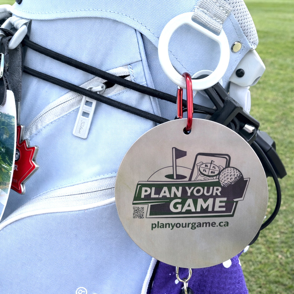 Golf bag with 'Plan Your Game' tag on a golf course
