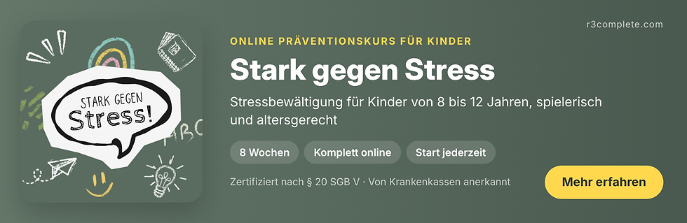 Grünes Werbebanner zum Onlinekurs Stark gegen Stress, mit Sprechblase, Kritzeleien und gelbem Mehr-erfahren-Button.