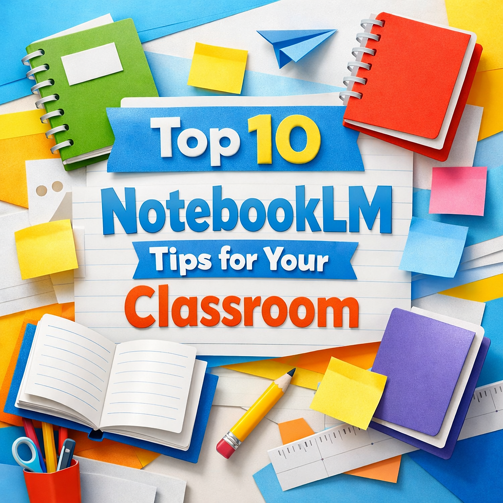 Glossy bright papercraft classroom layout with layered paper notebooks, sticky notes, and bold text reading "Top 10 NotebookLM Tips for Your Classroom"