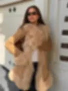 Thumbnail: Chic Faux Fur Patchwork Woolen Women's Coat Lapel Full Sleeve Solid Long Coats