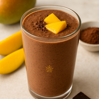 Chocolate mango smoothie made with pure Madagascar cocoa and almond milk.