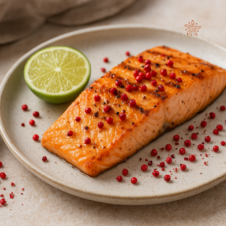 SAUMON GRILLÉ AUX BAIES ROSES ET COMBAVA