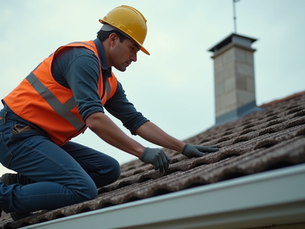 Eye-level view of a home inspector examining a roof