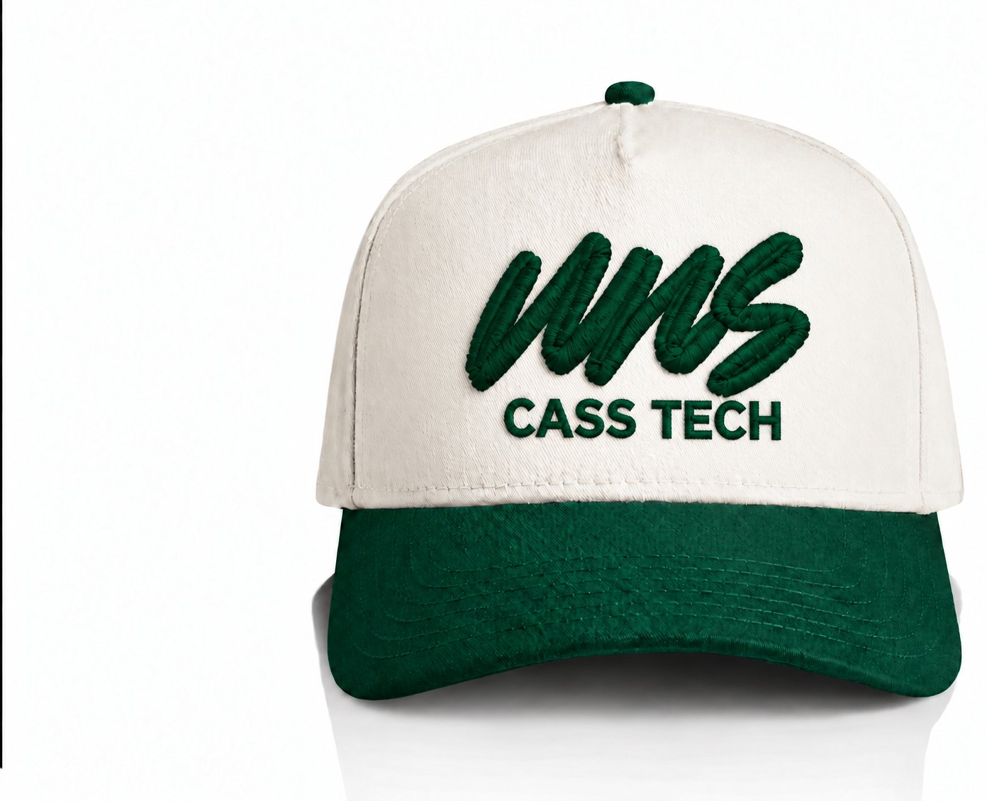 Cream crown and forest-green bill Cass Tech cap with stacked green UNS puff embroidery above CASS TECH