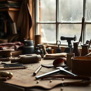 slightly downshot of a leather workbench with tools, hands and leather.jpg