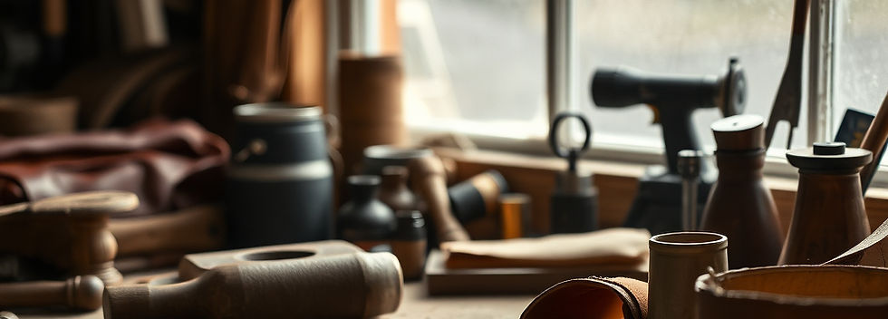 slightly downshot of a leather workbench with tools, hands and leather.jpg